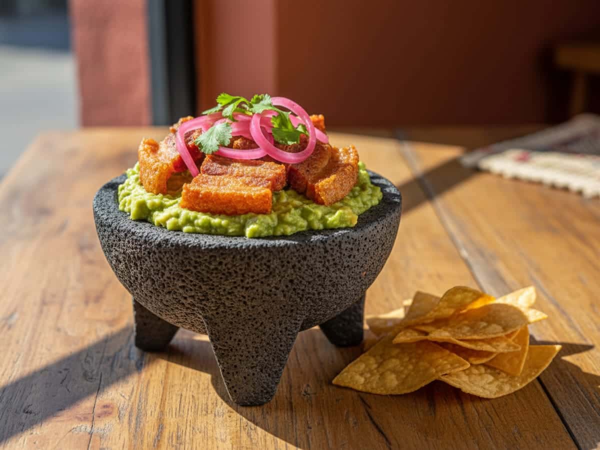 Fotografía: guacamole con chicharron