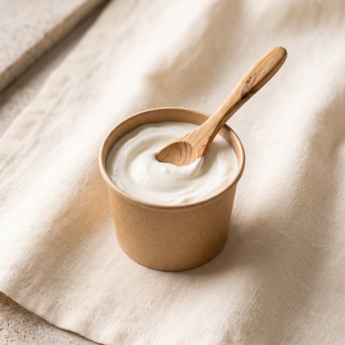 Vasito kraft con crema y cuchara de madera