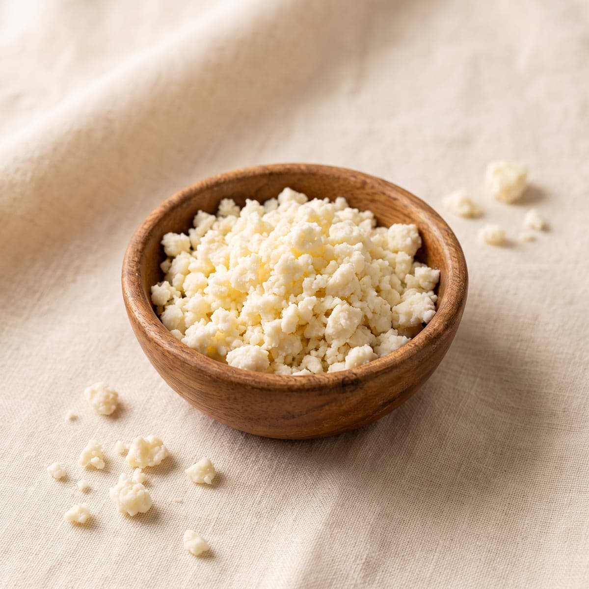 Tazón de madera con queso fresco desmoronado