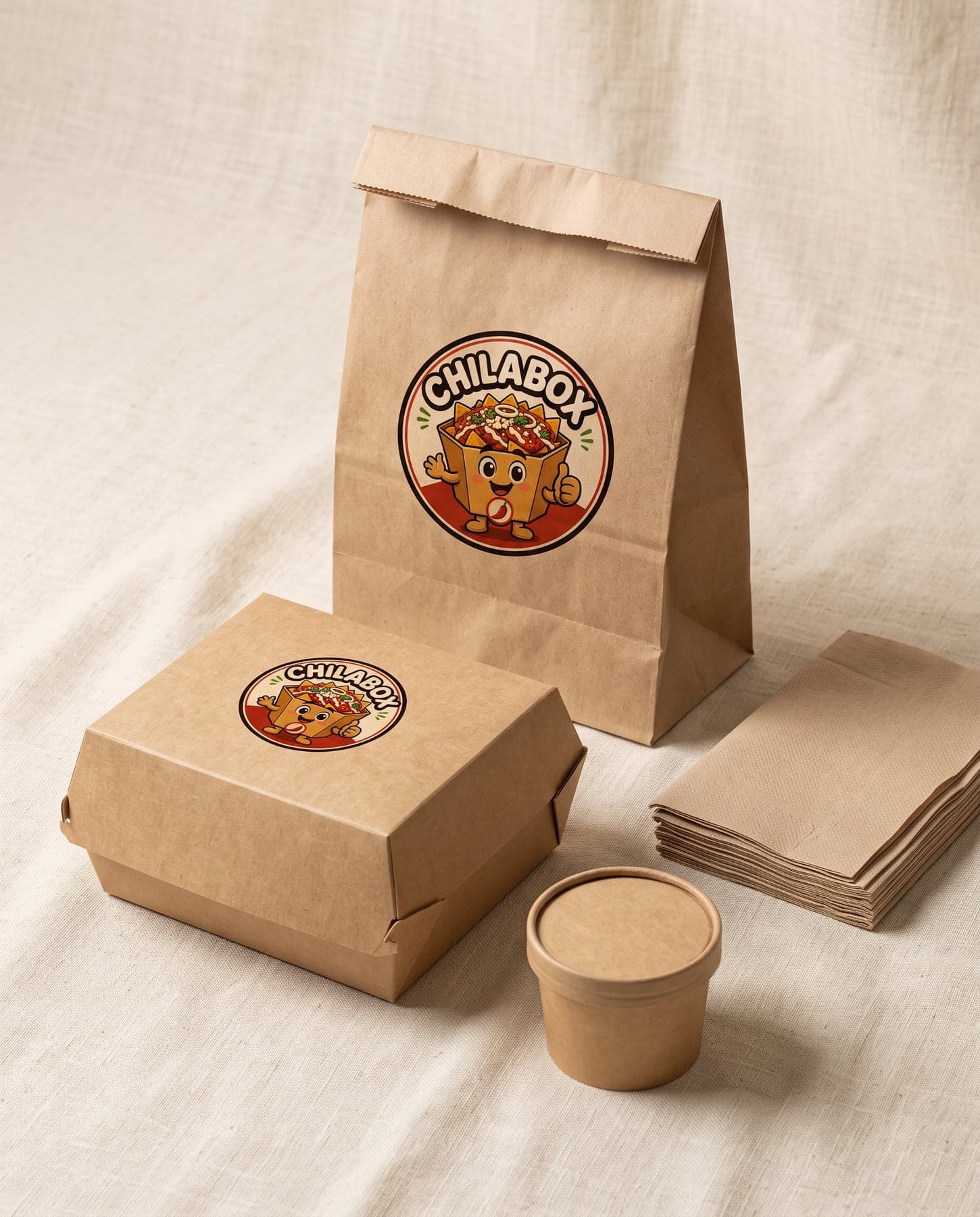 Bolsa kraft y caja CHILABOX con logotipo, servilletas y salsa