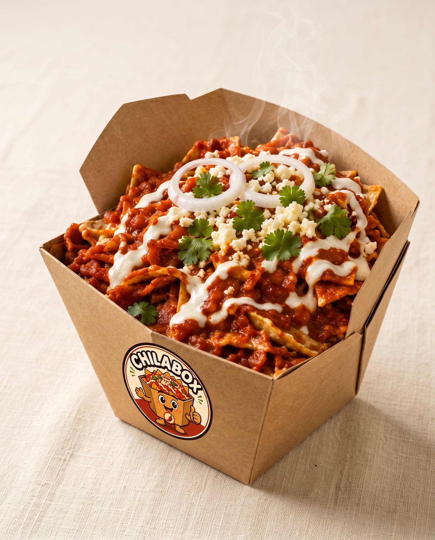 Chilaquiles con pollo deshebrado CHILABOX en caja kraft
