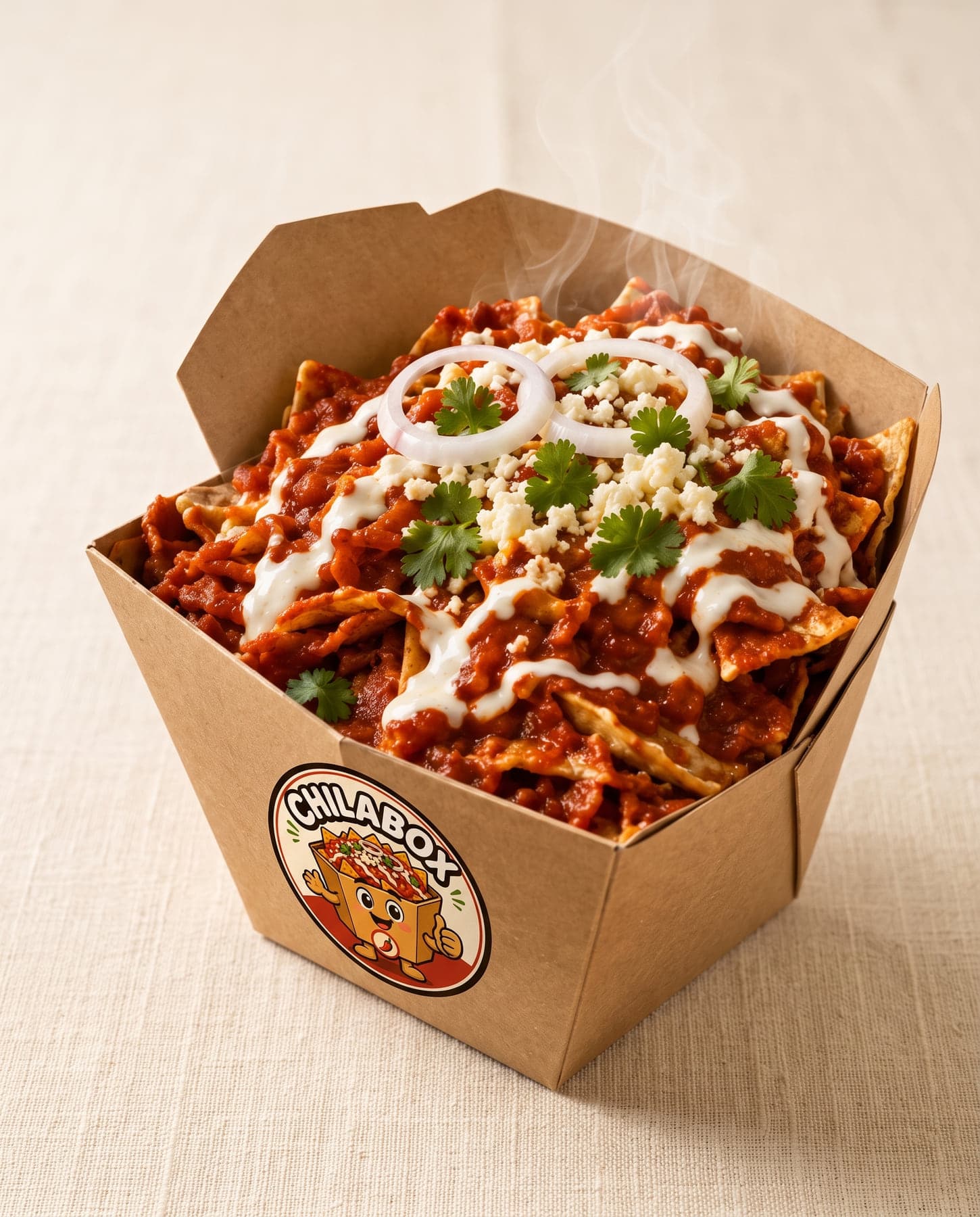 Chilaquiles rojos CHILABOX en caja kraft con crema, queso fresco, cebolla y cilantro
