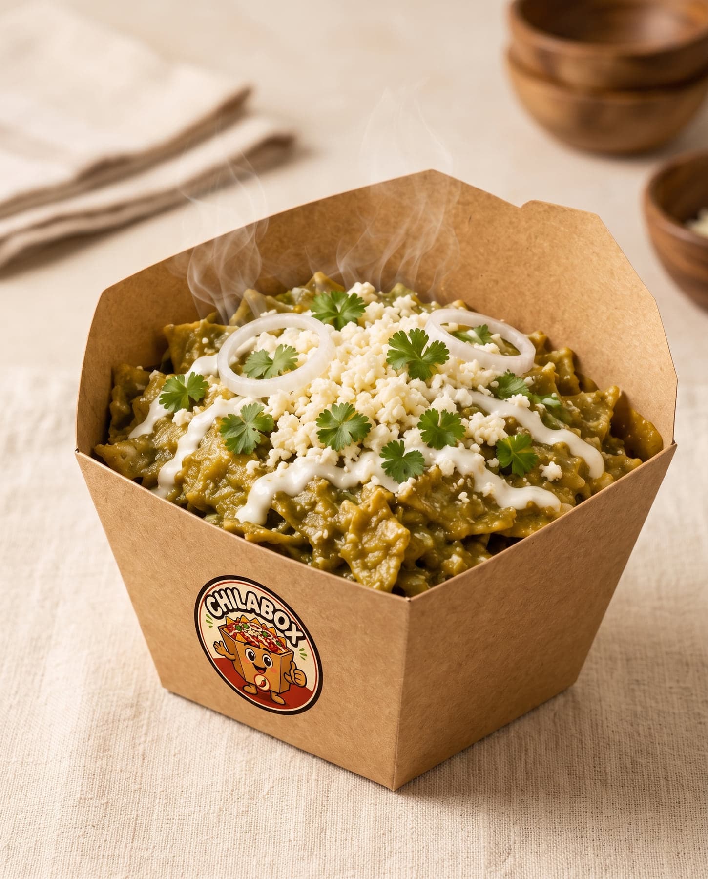 Chilaquiles verdes CHILABOX en caja kraft con crema, queso fresco, cebolla y cilantro