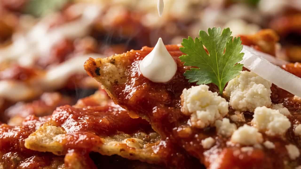 Macro de chilaquiles con queso cayendo